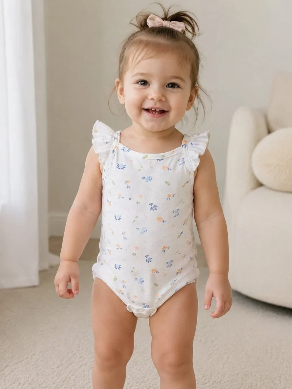 Carter's Child of Mine Baby Girl Bodysuit 24M White Floral Ruffle Sleeveless Cot